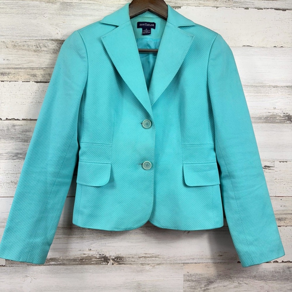 Ann Taylor Blazer Women 0 Turquoise Blue Textured Cotton Tailored Corpcore Chic